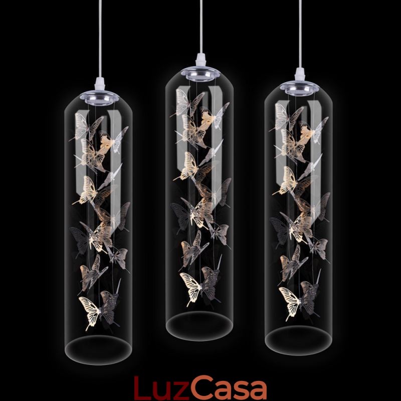 Luminária pendente de vidro, lâmpada criativa nórdica de cilindro, luz de borboleta