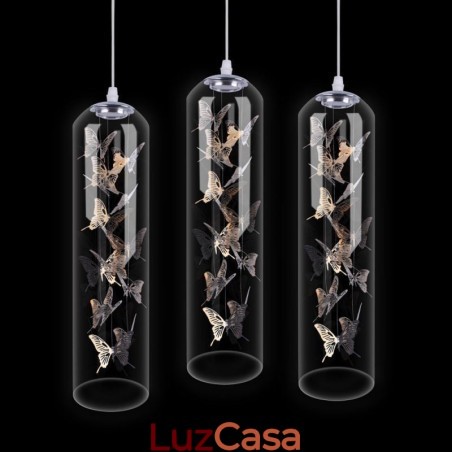 Luminária pendente de vidro, lâmpada criativa nórdica de cilindro, luz de borboleta