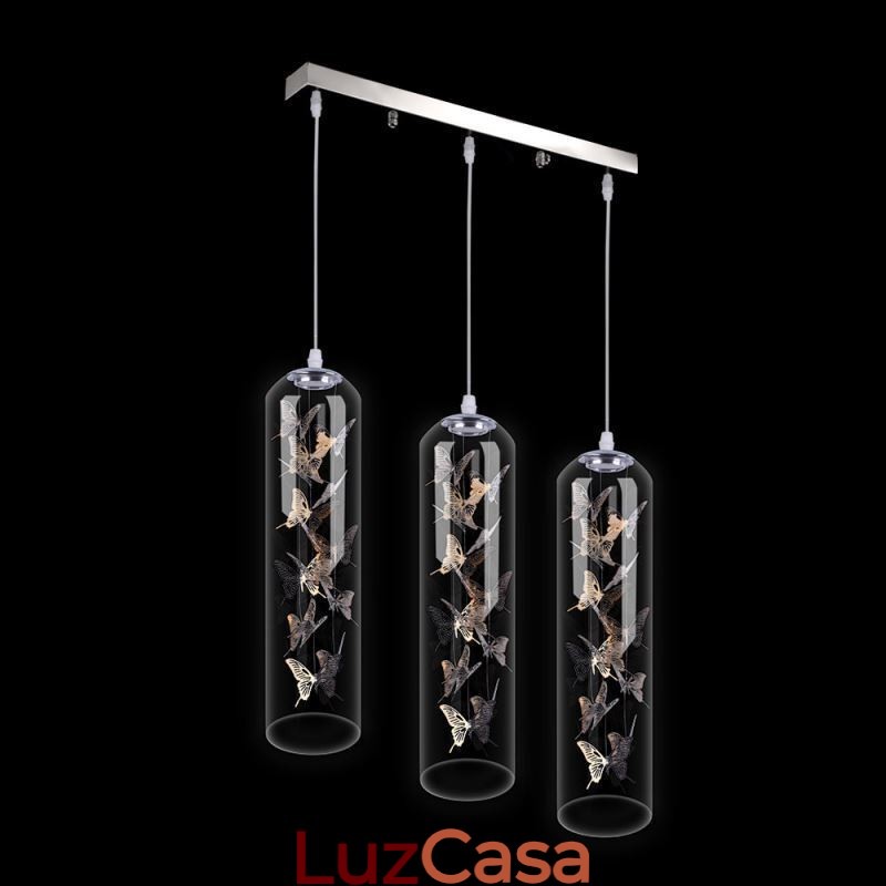 Luminária pendente de vidro, lâmpada criativa nórdica de cilindro, luz de borboleta