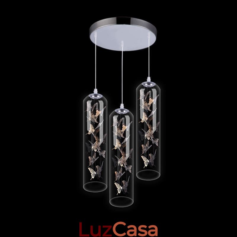 Luminária pendente de vidro, lâmpada criativa nórdica de cilindro, luz de borboleta