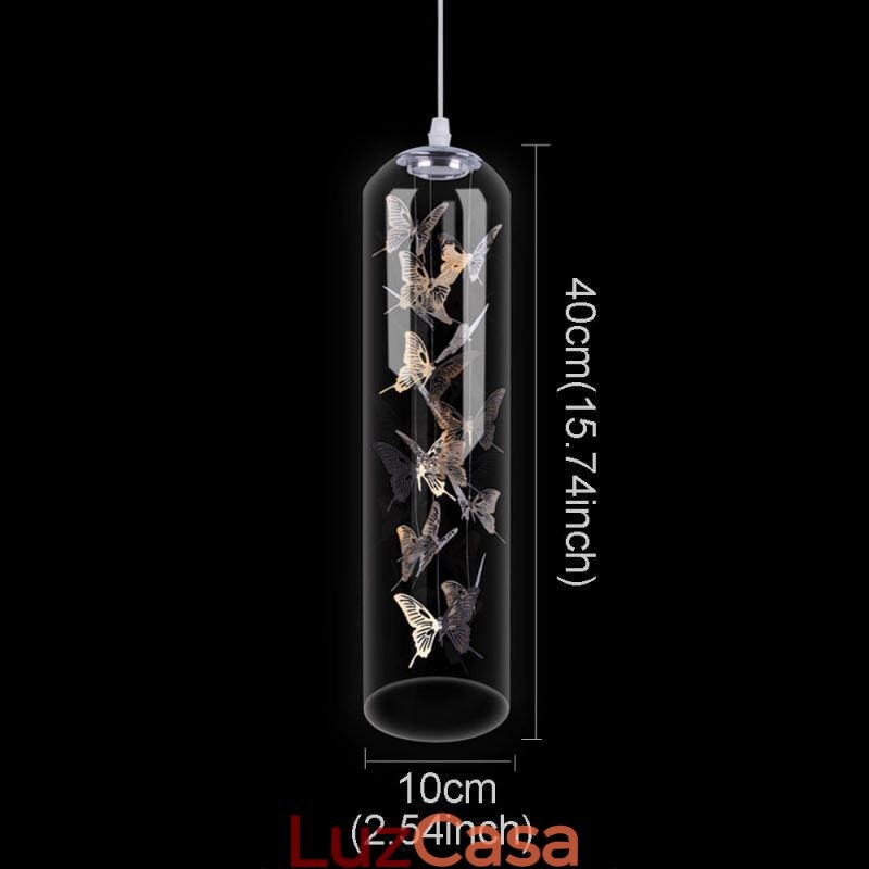 Luminária pendente de vidro, lâmpada criativa nórdica de cilindro, luz de borboleta