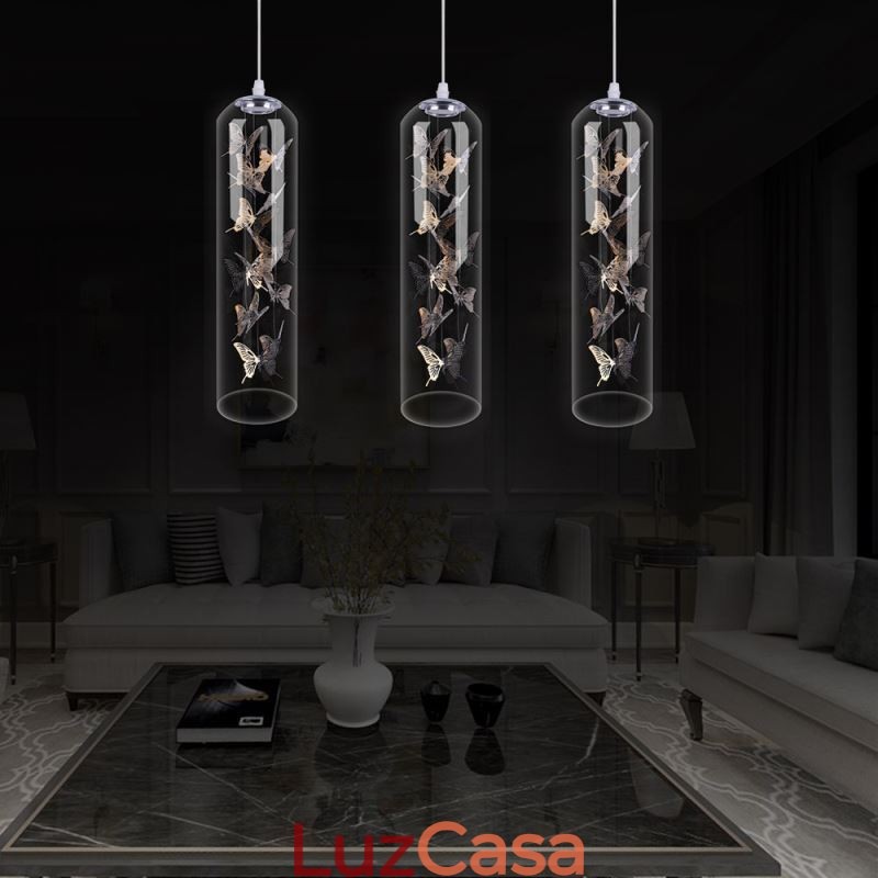 Luminária pendente de vidro, lâmpada criativa nórdica de cilindro, luz de borboleta