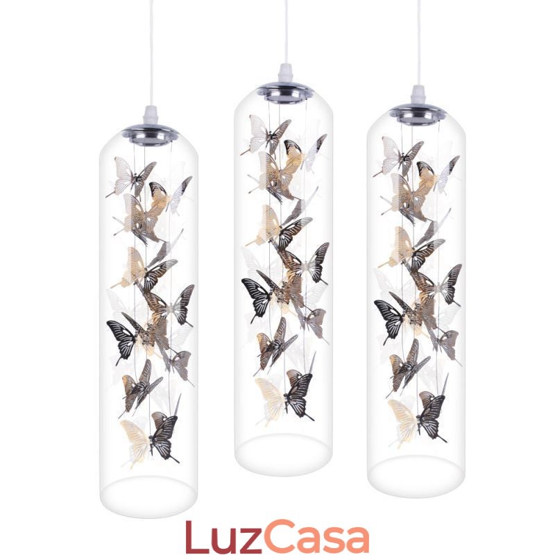 Luminária pendente de vidro, lâmpada criativa nórdica de cilindro, luz de borboleta