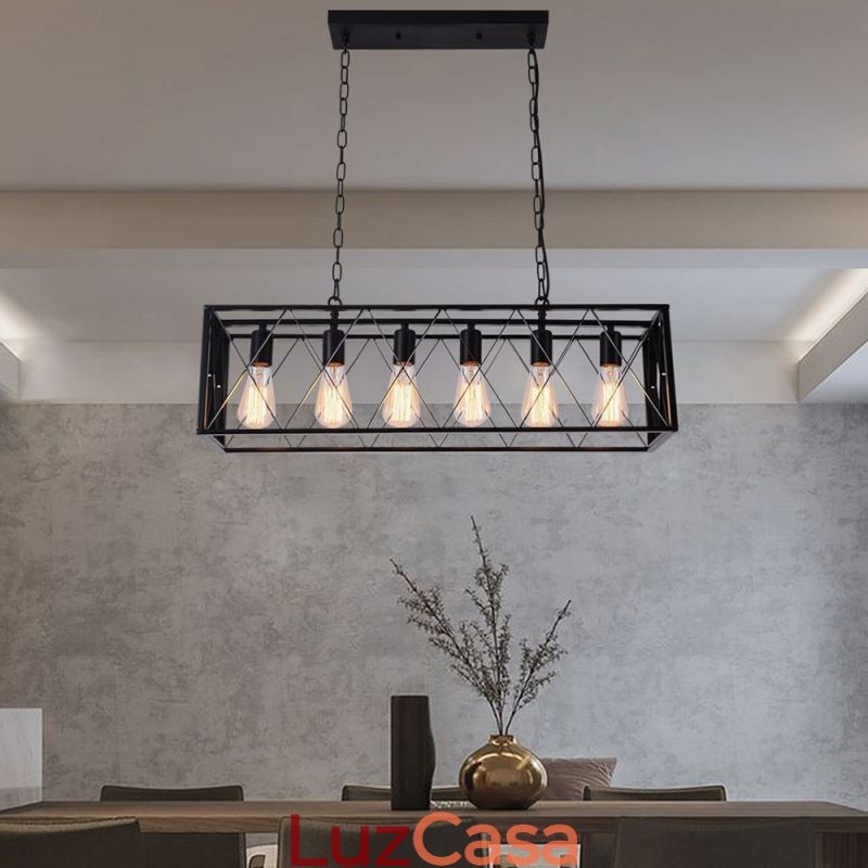 Luminária pendente retangular rústica 6 luzes luz de fazenda pendurada