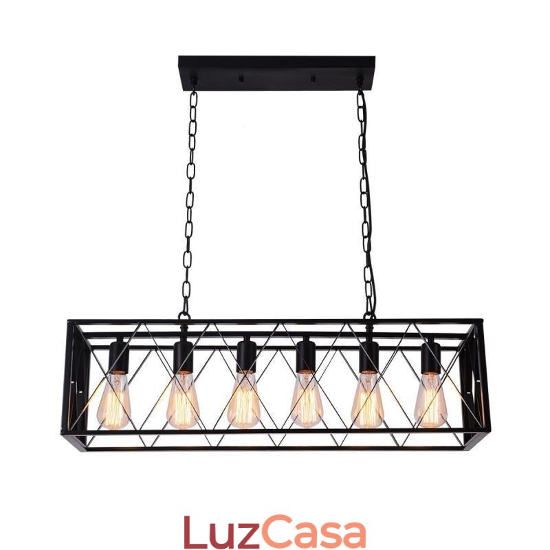 Luminária pendente retangular rústica 6 luzes luz de fazenda pendurada