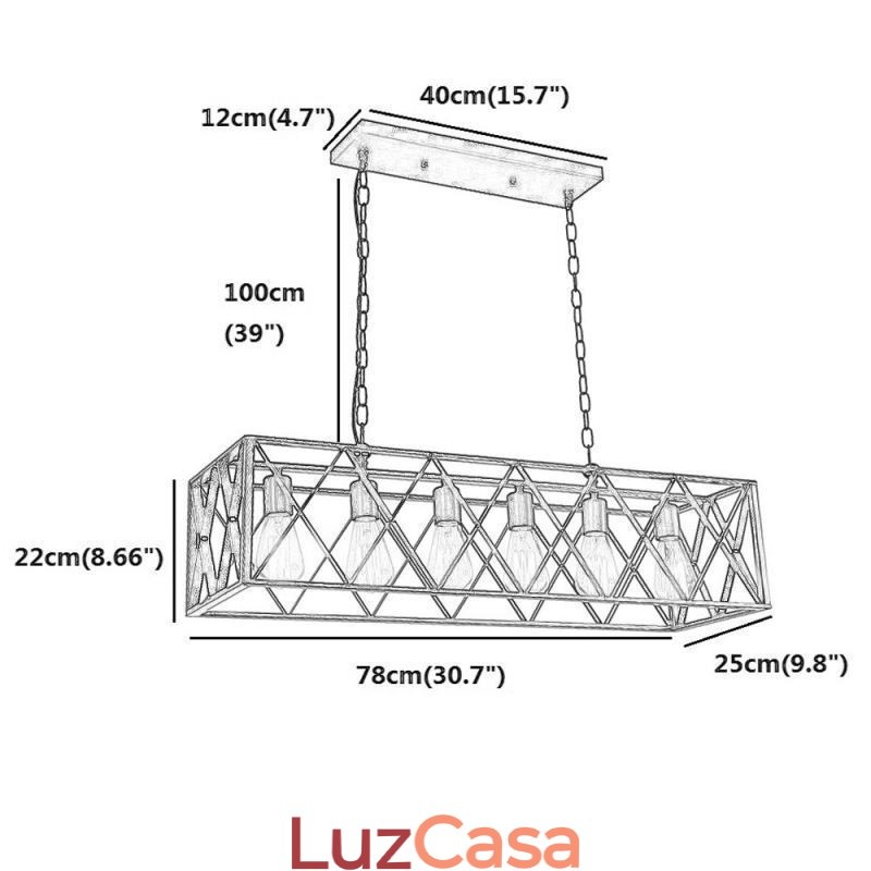 Luminária pendente retangular rústica 6 luzes luz de fazenda pendurada