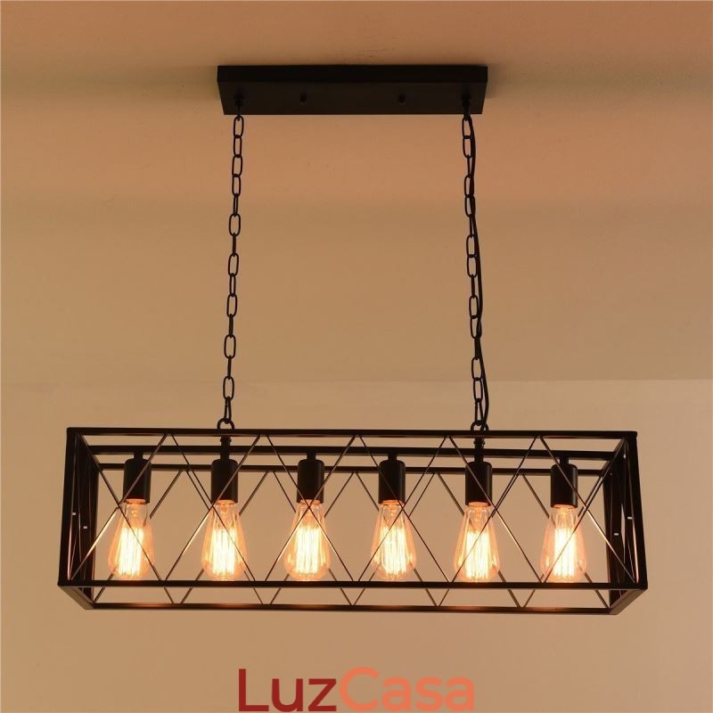 Luminária pendente retangular rústica 6 luzes luz de fazenda pendurada