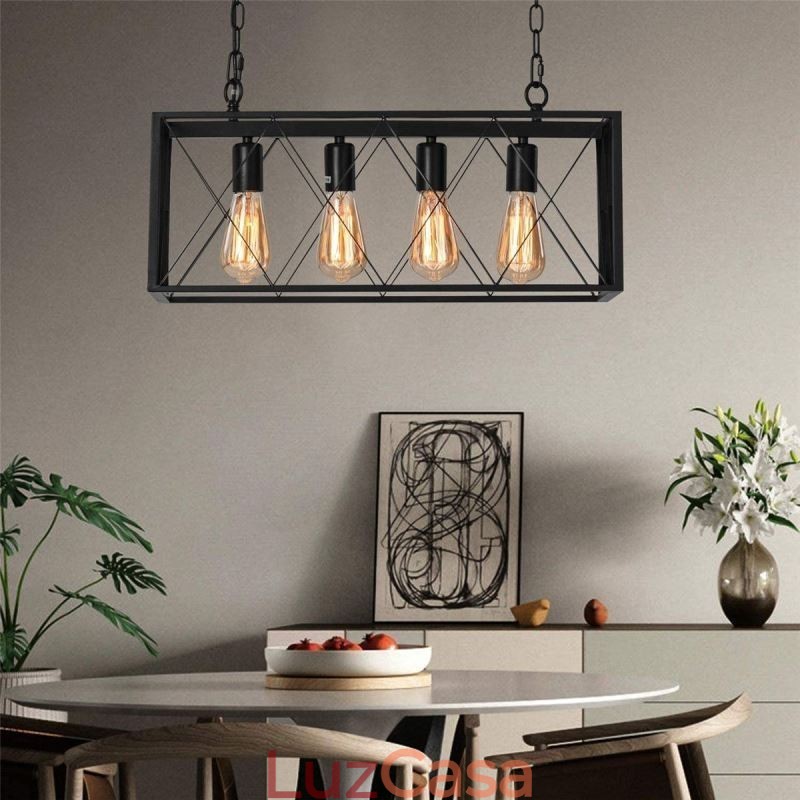 Luminária pendente retangular rústica 4 luzes luz suspensa estilo fazenda