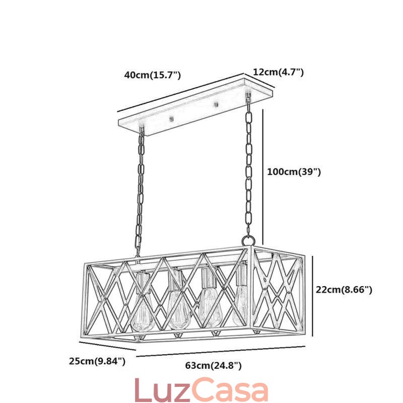 Luminária pendente retangular rústica 4 luzes luz suspensa estilo fazenda