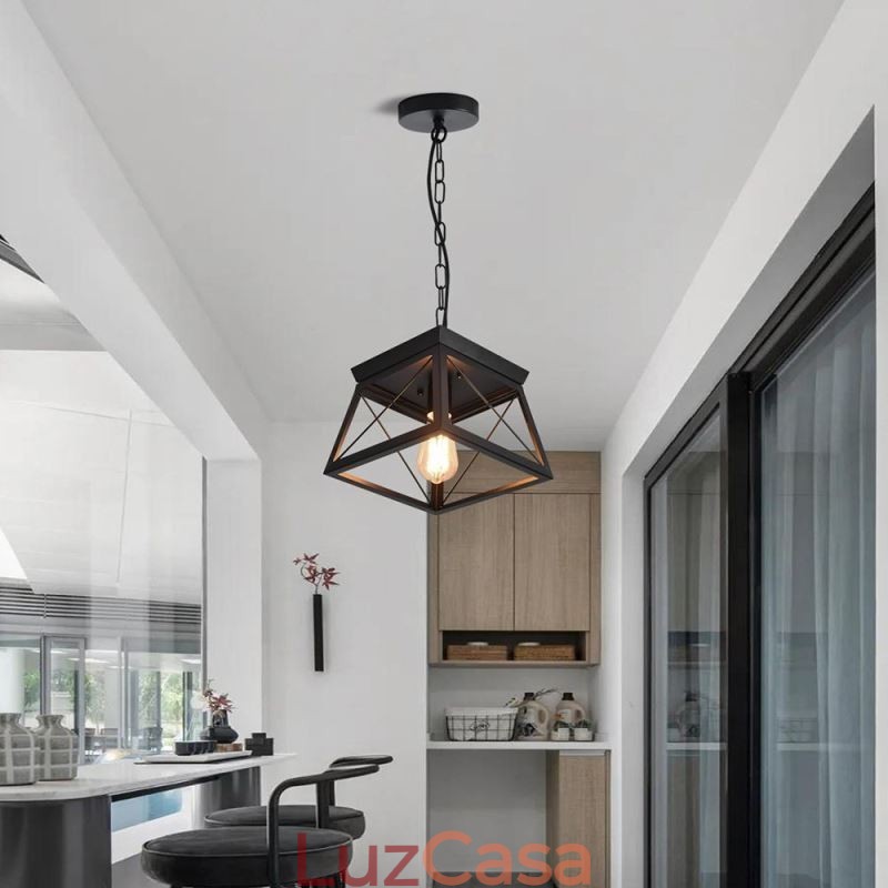 Luminária pendente trapezoidal vintage em metal preto, luminária de teto