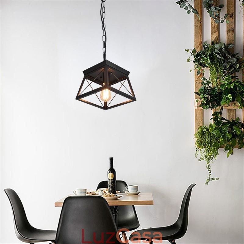Luminária pendente trapezoidal vintage em metal preto, luminária de teto
