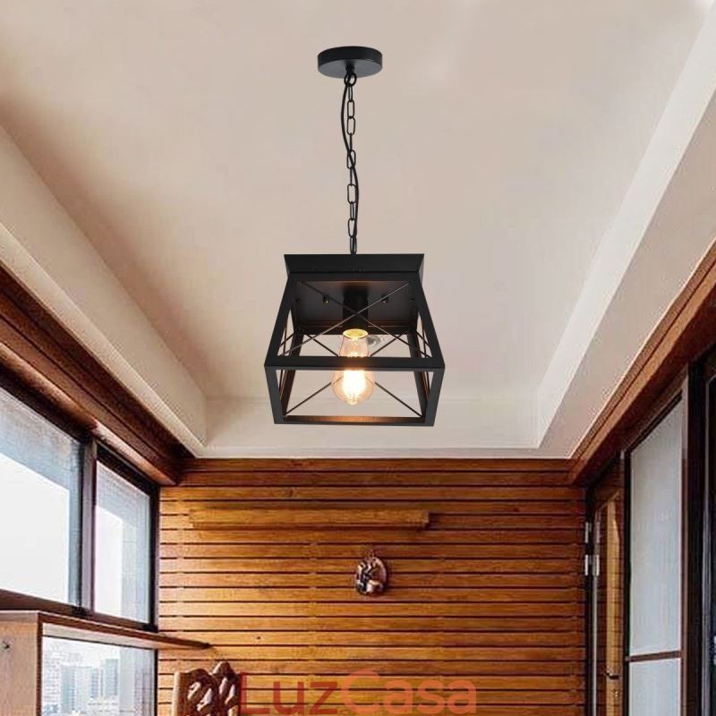 Luminária pendente trapezoidal vintage em metal preto, luminária de teto