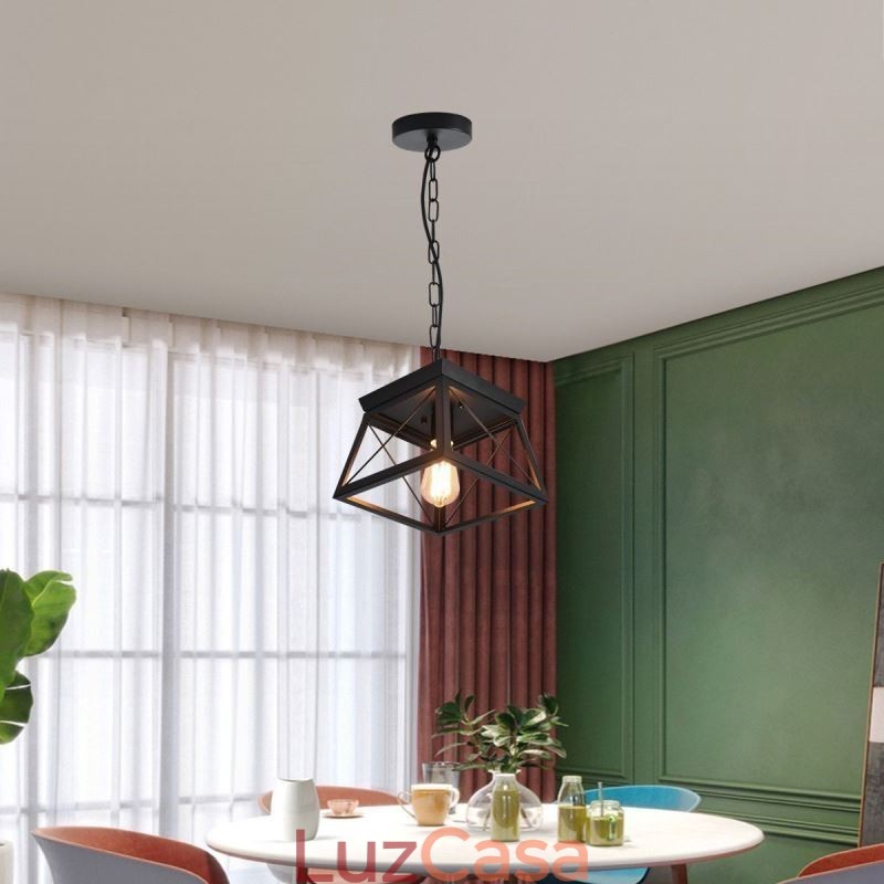 Luminária pendente trapezoidal vintage em metal preto, luminária de teto