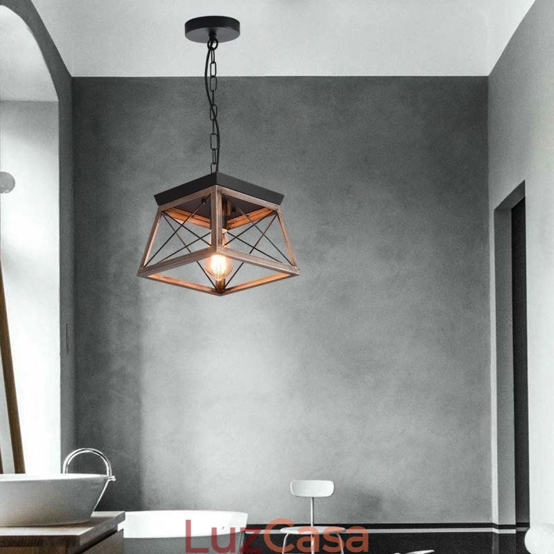 Luminária pendente trapezoidal vintage em metal preto