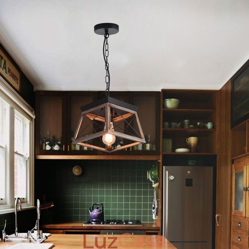 Luminária pendente trapezoidal vintage em metal preto