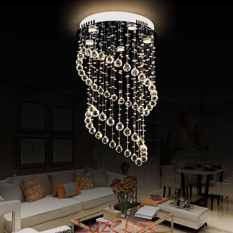 Lustre de cristal moderno redondo com luz de teto em forma de gota de chuva