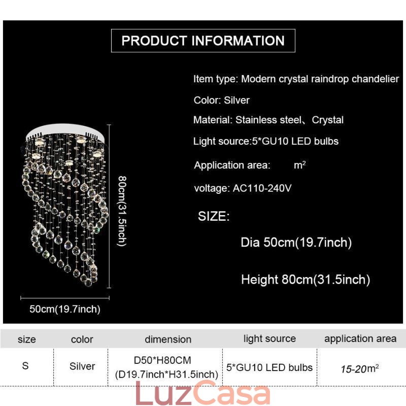 Lustre de cristal moderno redondo com luz de teto em forma de gota de chuva