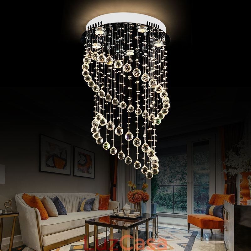 Lustre de cristal moderno redondo com luz de teto em forma de gota de chuva