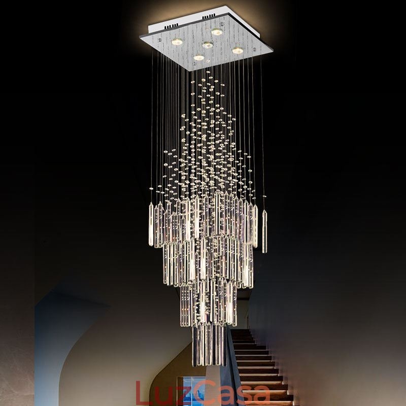 Lustre de cristal quadrado moderno Luminária de teto elegante contemporânea Escada duplex