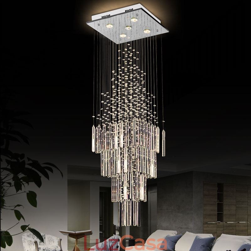 Lustre de cristal quadrado moderno Luminária de teto elegante contemporânea Escada duplex