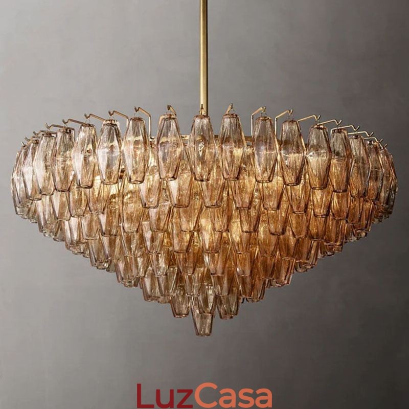 Luminária pendente americana de vidro, luminária de teto âmbar transparente, 90 cm, 14 luzes