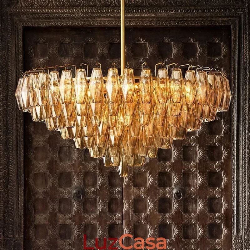 Luminária pendente americana de vidro, luminária de teto âmbar transparente, 90 cm, 14 luzes