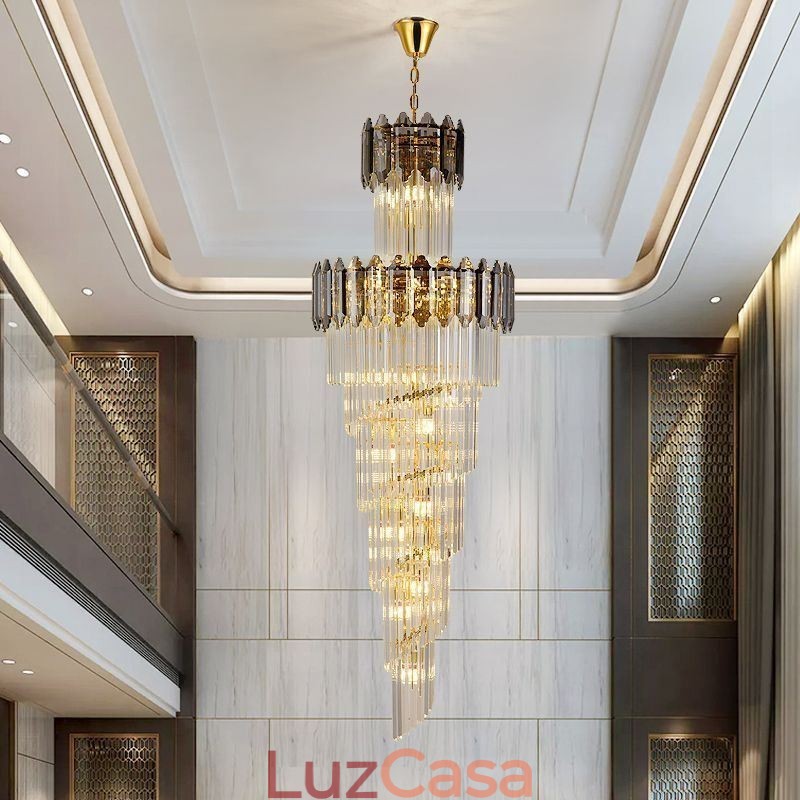 Luminária pendente de cristal cônica, luminária de teto decorativa duplex de luxo