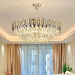 Pendente de Cristal Pena Dourada Duplex Luminária Decorativa de Teto