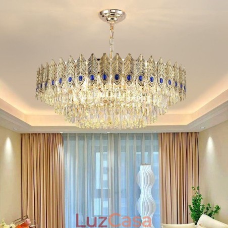 Pendente de Cristal Pena Dourada Duplex Luminária Decorativa de Teto Pendente de Cristal Pena Dourada Duplex Luminária Decorativa de Teto