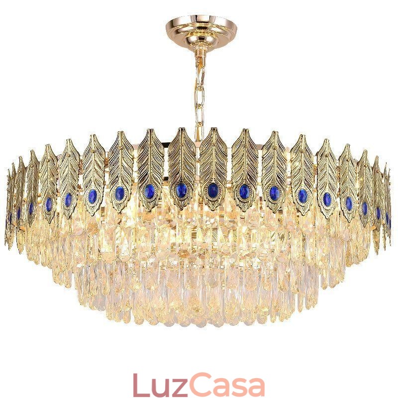 Pendente de Cristal Pena Dourada Duplex Luminária Decorativa de Teto