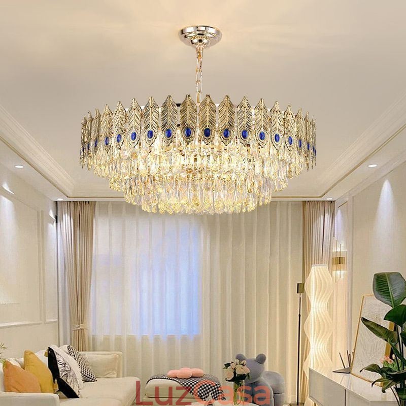 Pendente de Cristal Pena Dourada Duplex Luminária Decorativa de Teto