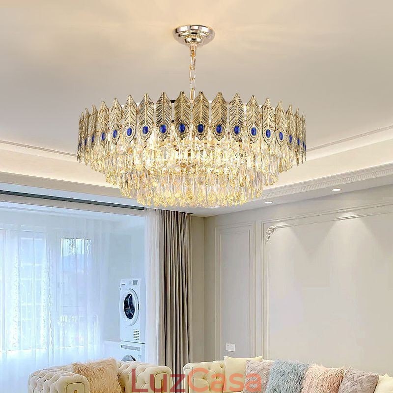 Pendente de Cristal Pena Dourada Duplex Luminária Decorativa de Teto