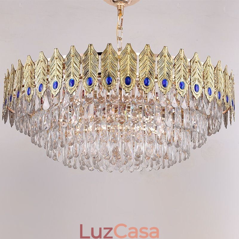 Pendente de Cristal Pena Dourada Duplex Luminária Decorativa de Teto