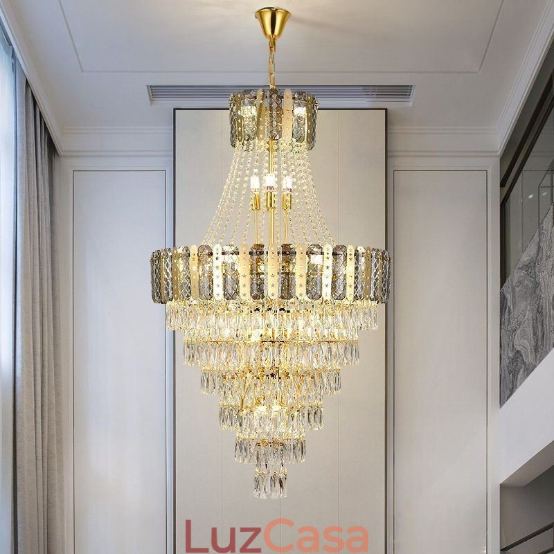 Luminária pendente de cristal cônico Luminária de teto decorativa duplex requintada