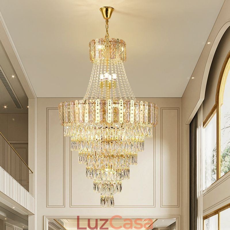 Luminária pendente de cristal cônico Luminária de teto decorativa duplex requintada