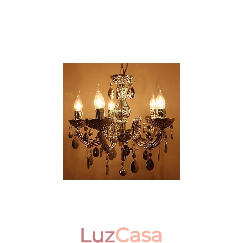 Lustre moderno estilo cristal acrílico prateado com 5 luzes