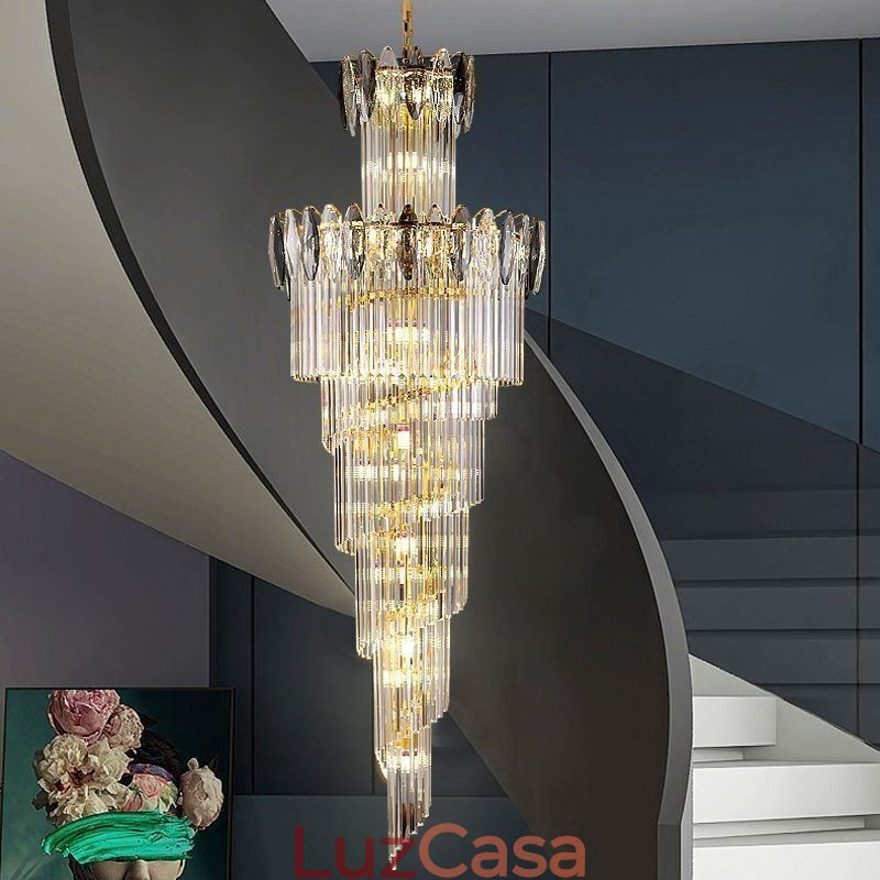 Luminária pendente de cristal Duplex cônica decorativa de teto 70cm