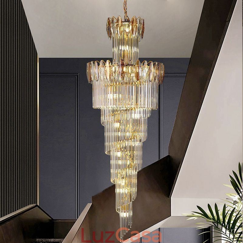 Luminária pendente de cristal Duplex cônica decorativa de teto 70cm