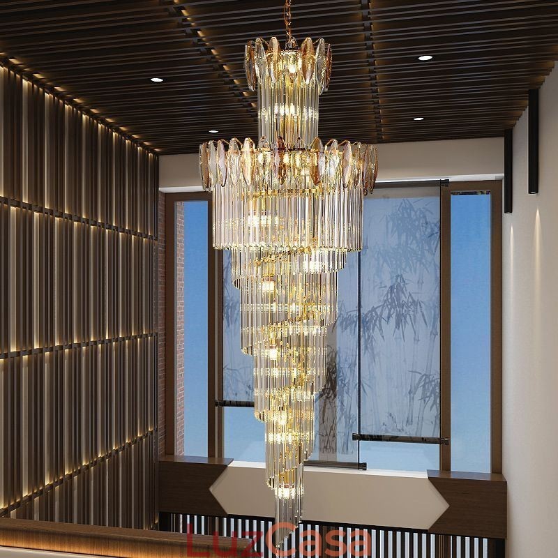 Luminária pendente de cristal Duplex cônica decorativa de teto 70cm