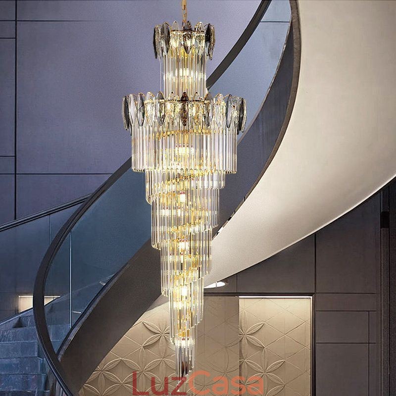 Luminária pendente de cristal Duplex cônica decorativa de teto 70cm