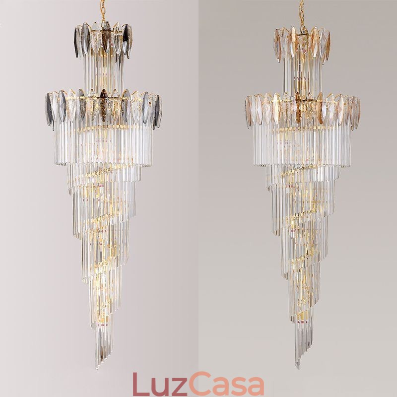 Luminária pendente de cristal Duplex cônica decorativa de teto 70cm