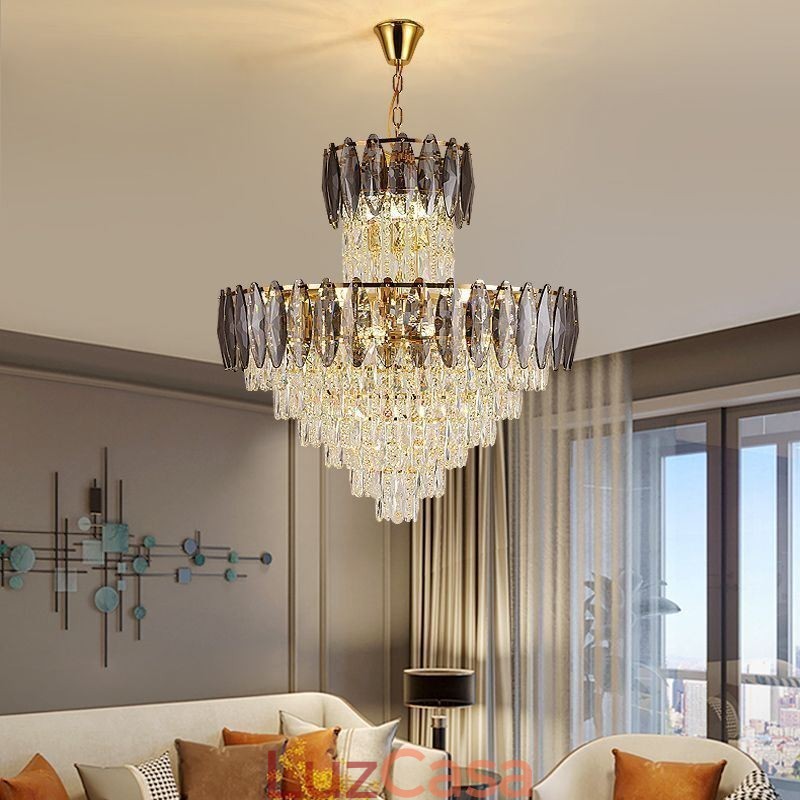 Luminária pendente de cristal cônica Duplex Luminária de teto decorativa 80cm