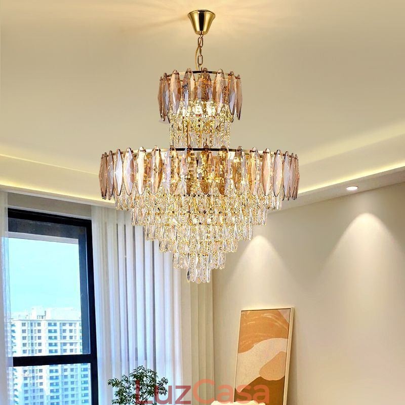 Luminária pendente de cristal cônica Duplex Luminária de teto decorativa 80cm