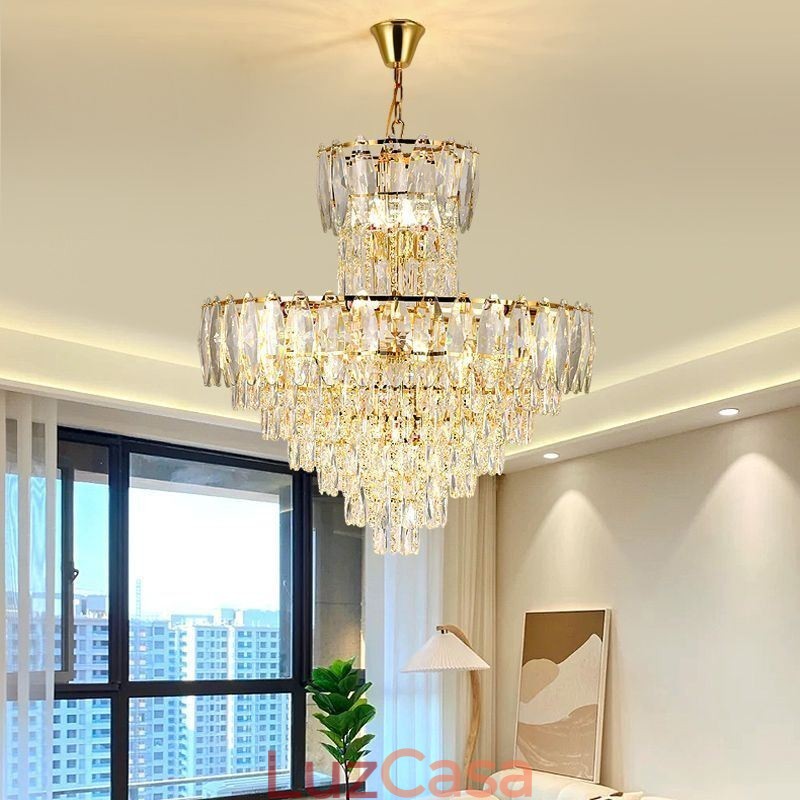 Luminária pendente de cristal cônica Duplex Luminária de teto decorativa 80cm