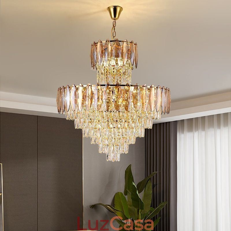 Luminária pendente de cristal cônica Duplex Luminária de teto decorativa 80cm