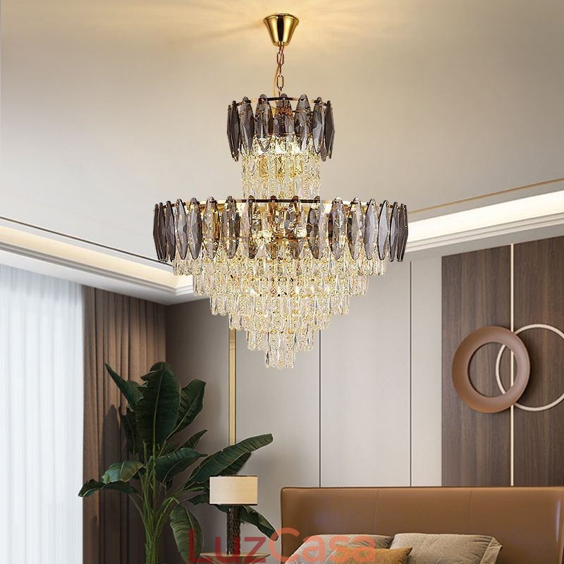 Luminária pendente de cristal cônica Duplex Luminária de teto decorativa 80cm