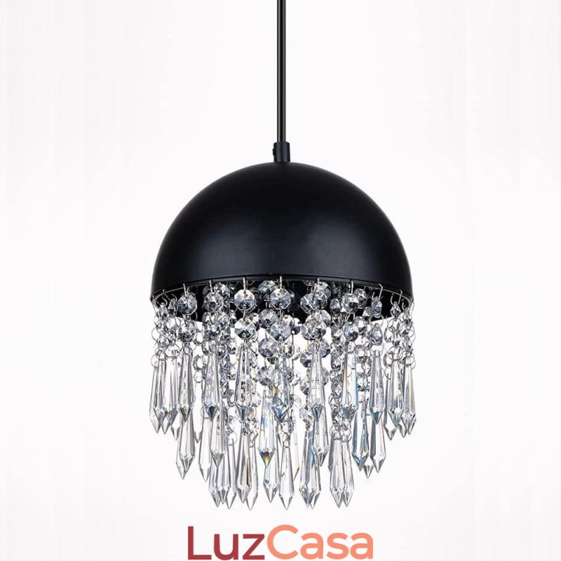 Luminária de teto pendente de cristal com borla e tampa de panela preta Abajur