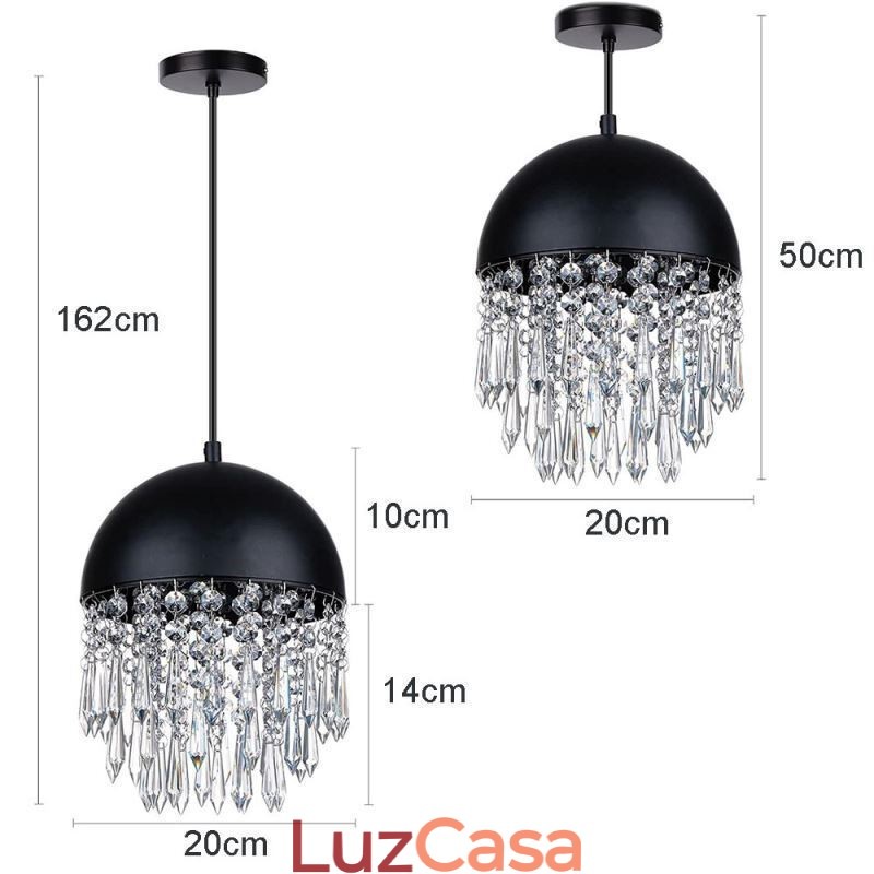 Luminária de teto pendente de cristal com borla e tampa de panela preta Abajur