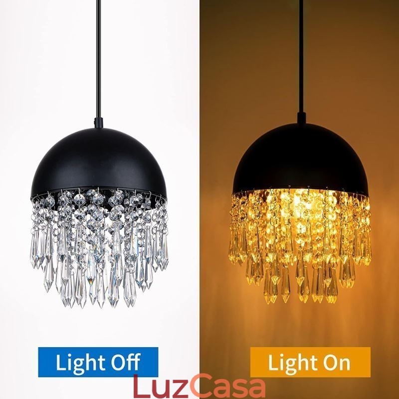 Luminária de teto pendente de cristal com borla e tampa de panela preta Abajur