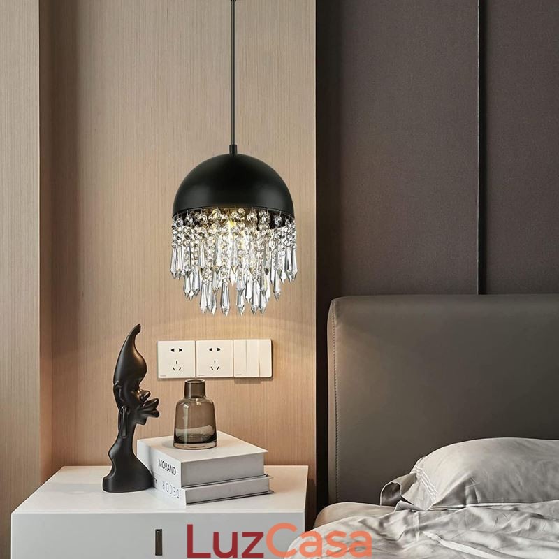 Luminária de teto pendente de cristal com borla e tampa de panela preta Abajur